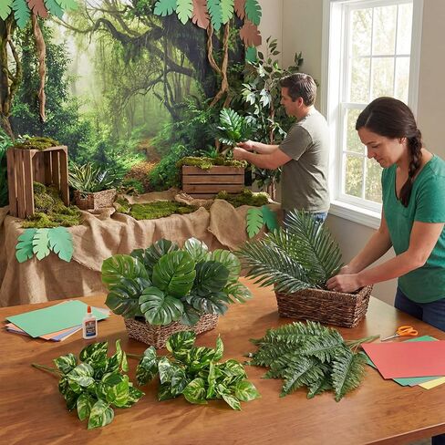 10 Pack Rainforest Artificial Tropical Leaves VBS 2026 Jungle Rainforest Decoration Faux Palm Monstera Leaves Fake Plants Indoo Greenery Craft Kit Backdrop for VBS Sunday School in Saudi Arabia