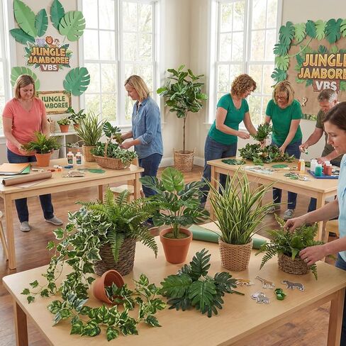 10 Pack Rainforest Artificial Tropical Leaves VBS 2026 Jungle Rainforest Decoration Faux Palm Monstera Leaves Fake Plants Indoo Greenery Craft Kit Backdrop for VBS Sunday School in Saudi Arabia