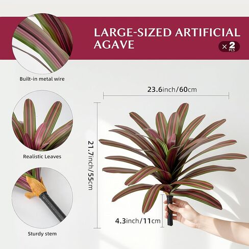 Agave Plant Artificial 23.6" Faux Agave Plant Indoor Outdoor Fake Agave 33 Leaves with Striped Texture Realistic Greenery for Porch Patio Home Decor 2 Pack Without Pot(Purple Green) in Saudi Arabia