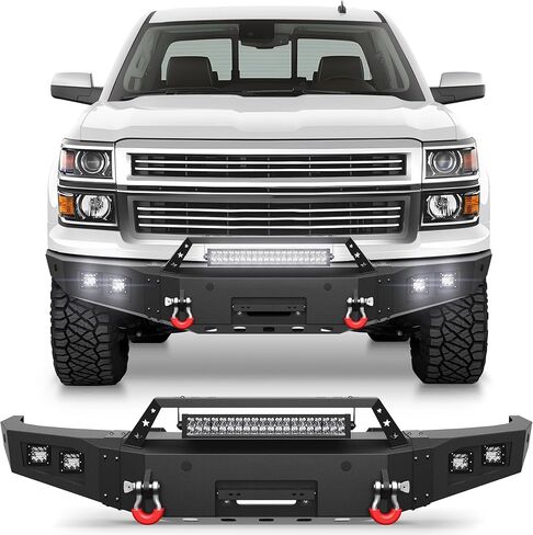 المصد الأمامي مناسب لسيارة Chevy Silverado 1500 2014-2015، مصد شاحنة بيك أب أسود مع لوحة ونش وحلقة على شكل حرف D وأضواء (متوافق مع Chevy Silverado 1500 2014 2015) in Kuwait