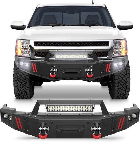 المصد الأمامي مناسب لسيارة Chevy Silverado 1500 2014-2015، مصد شاحنة بيك أب أسود مع لوحة ونش وحلقة على شكل حرف D وأضواء (متوافق مع Chevy Silverado 1500 2014 2015) in Kuwait