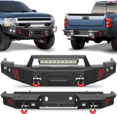 المصد الأمامي مناسب لسيارة Chevy Silverado 1500 2014-2015، مصد شاحنة بيك أب أسود مع لوحة ونش وحلقة على شكل حرف D وأضواء (متوافق مع Chevy Silverado 1500 2014 2015) in Kuwait