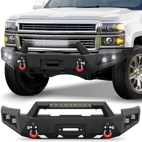 المصد الأمامي مناسب لسيارة Chevy Silverado 1500 2014-2015، مصد شاحنة بيك أب أسود مع لوحة ونش وحلقة على شكل حرف D وأضواء (متوافق مع Chevy Silverado 1500 2014 2015) in Kuwait
