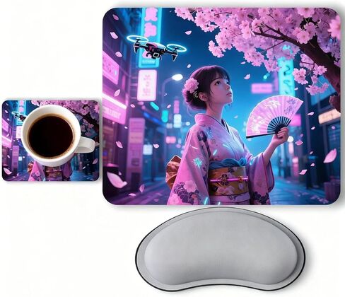 Cyberpunk Mouse Pad Set with Wrist Rest & Coaster - 3-Piece Ergonomic Gaming Kit, Non-Slip Thick Rubber Base, Smooth Surface for Office Laptop Desk 9.44 * 7.87 Inch Desk Mat (Sakura) in Saudi Arabia