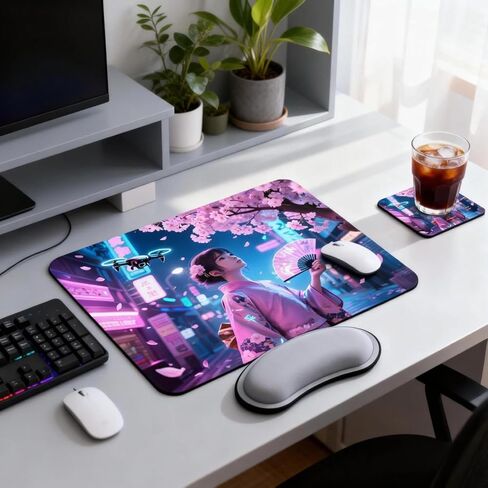 Cyberpunk Mouse Pad Set with Wrist Rest & Coaster - 3-Piece Ergonomic Gaming Kit, Non-Slip Thick Rubber Base, Smooth Surface for Office Laptop Desk 9.44 * 7.87 Inch Desk Mat (Sakura) in Saudi Arabia