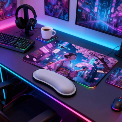 Cyberpunk Mouse Pad Set with Wrist Rest & Coaster - 3-Piece Ergonomic Gaming Kit, Non-Slip Thick Rubber Base, Smooth Surface for Office Laptop Desk 9.44 * 7.87 Inch Desk Mat (Sakura) in Saudi Arabia