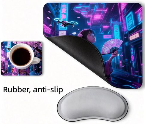 Cyberpunk Mouse Pad Set with Wrist Rest & Coaster - 3-Piece Ergonomic Gaming Kit, Non-Slip Thick Rubber Base, Smooth Surface for Office Laptop Desk 9.44 * 7.87 Inch Desk Mat (Sakura) in Saudi Arabia