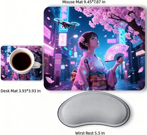 Cyberpunk Mouse Pad Set with Wrist Rest & Coaster - 3-Piece Ergonomic Gaming Kit, Non-Slip Thick Rubber Base, Smooth Surface for Office Laptop Desk 9.44 * 7.87 Inch Desk Mat (Sakura) in Saudi Arabia
