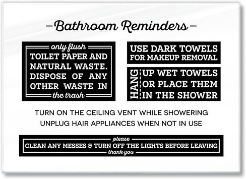 Acrylic 5x7 Bathroom Rules Sign, Do Not Flush Sign for Bathroom, Airbnb Essentials for Hosts, Use Dark Towels for Make Up Removal, Clean Messes and Turn Off the Lights Sign, Made in USA in Saudi Arabia