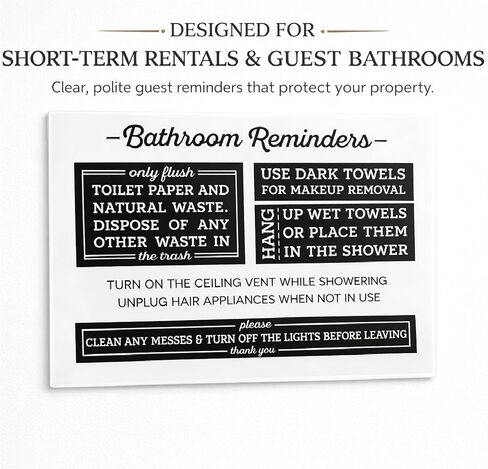 Acrylic 5x7 Bathroom Rules Sign, Do Not Flush Sign for Bathroom, Airbnb Essentials for Hosts, Use Dark Towels for Make Up Removal, Clean Messes and Turn Off the Lights Sign, Made in USA in Saudi Arabia