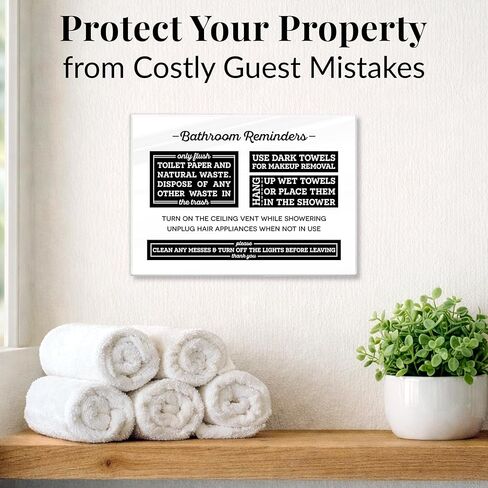 Acrylic 5x7 Bathroom Rules Sign, Do Not Flush Sign for Bathroom, Airbnb Essentials for Hosts, Use Dark Towels for Make Up Removal, Clean Messes and Turn Off the Lights Sign, Made in USA in Saudi Arabia