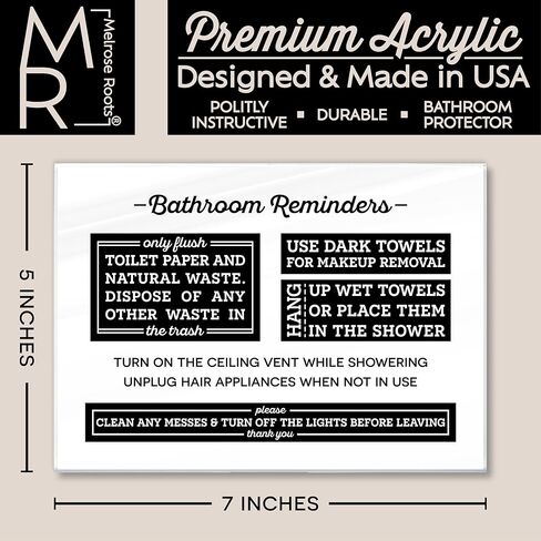 Acrylic 5x7 Bathroom Rules Sign, Do Not Flush Sign for Bathroom, Airbnb Essentials for Hosts, Use Dark Towels for Make Up Removal, Clean Messes and Turn Off the Lights Sign, Made in USA in Saudi Arabia