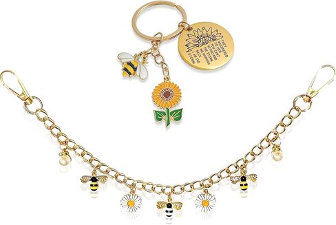 قطعتان من حليات حقيبة النحلة ديزي اللؤلؤية - سلاسل حقائب ذهبية اللون مع سلاسل مفاتيح على شكل نحلة وعباد الشمس، سلسلة تمديد قابلة للتبديل لحقائب اليد والمحافظ وحقائب اليد الكبيرة وإكسسوارات حزام كروس للنساء in Kuwait
