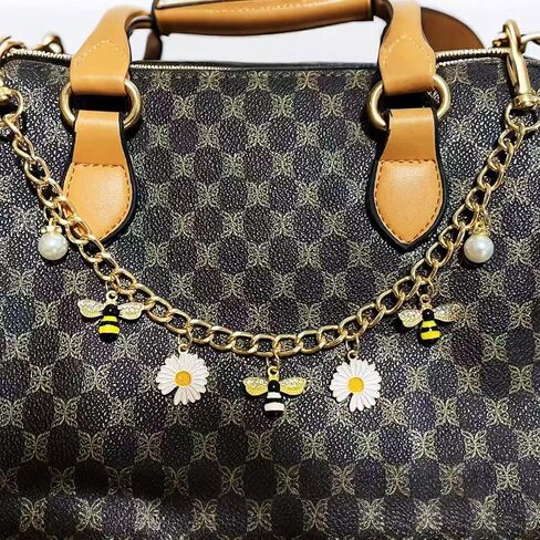 قطعتان من حليات حقيبة النحلة ديزي اللؤلؤية - سلاسل حقائب ذهبية اللون مع سلاسل مفاتيح على شكل نحلة وعباد الشمس، سلسلة تمديد قابلة للتبديل لحقائب اليد والمحافظ وحقائب اليد الكبيرة وإكسسوارات حزام كروس للنساء in Kuwait