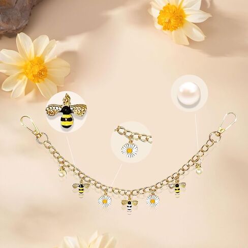 قطعتان من حليات حقيبة النحلة ديزي اللؤلؤية - سلاسل حقائب ذهبية اللون مع سلاسل مفاتيح على شكل نحلة وعباد الشمس، سلسلة تمديد قابلة للتبديل لحقائب اليد والمحافظ وحقائب اليد الكبيرة وإكسسوارات حزام كروس للنساء in Kuwait