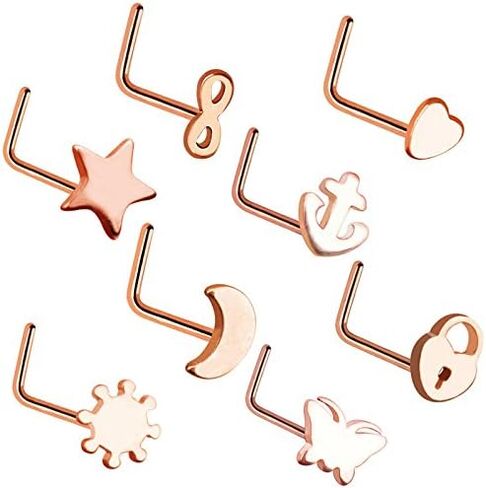 8Pcs 18G Surgical Steel L-Shaped Nose Studs Rings Minimalist Small Heart Star Moon Butterfly Nose Stud Rings Black Silver Rose Gold Nostril Nose Piercing Jewelry in Kuwait