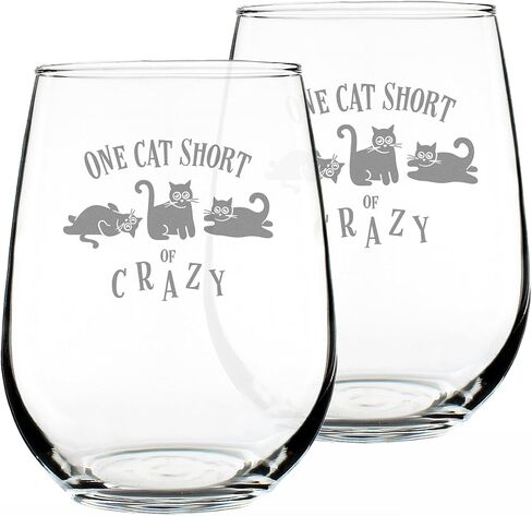 One Cat Short of Crazy - Stemless Wine Glass Gift - Funny Cat Gifts for Women and Men - Large 17 Ounce in Saudi Arabia