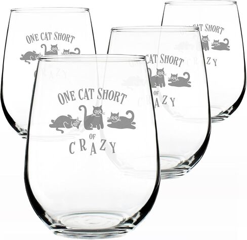 One Cat Short of Crazy - Stemless Wine Glass Gift - Funny Cat Gifts for Women and Men - Large 17 Ounce in Saudi Arabia