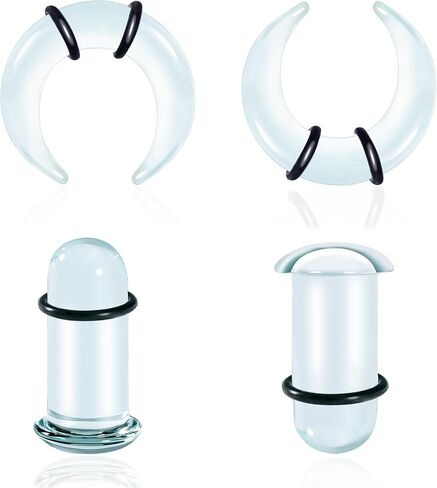 Single Flare Glass Ear Gauges Stretching Kits 2PCS C-Shape Septum Ring+ 2PCS Single Flare Glass Plugs with O-Rings Crazy Domed Body Piercing Jewelry Set in Kuwait