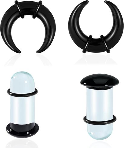 Single Flare Glass Ear Gauges Stretching Kits 2PCS C-Shape Septum Ring+ 2PCS Single Flare Glass Plugs with O-Rings Crazy Domed Body Piercing Jewelry Set in Saudi Arabia