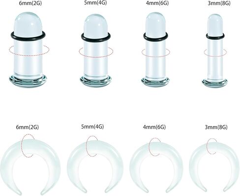 Single Flare Glass Ear Gauges Stretching Kits 2PCS C-Shape Septum Ring+ 2PCS Single Flare Glass Plugs with O-Rings Crazy Domed Body Piercing Jewelry Set in Saudi Arabia