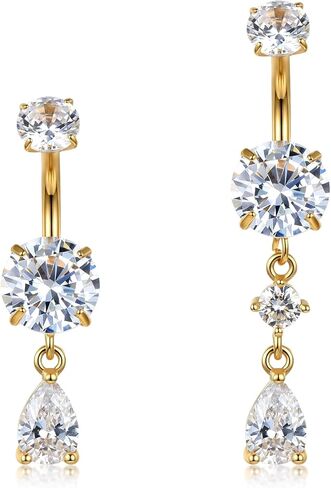 2 قطعة 14 جرام من الفولاذ الجراحي المتدلي على شكل زر للبطن للنساء من الفولاذ المقاوم للصدأ CZ كريستال المسيل للدموع قطرة متدلية على شكل زر للبطن (ذهبي) in Kuwait