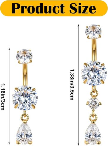 2 قطعة 14 جرام من الفولاذ الجراحي المتدلي على شكل زر للبطن للنساء من الفولاذ المقاوم للصدأ CZ كريستال المسيل للدموع قطرة متدلية على شكل زر للبطن (ذهبي) in Kuwait