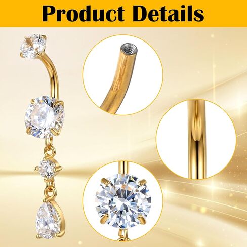 2 قطعة 14 جرام من الفولاذ الجراحي المتدلي على شكل زر للبطن للنساء من الفولاذ المقاوم للصدأ CZ كريستال المسيل للدموع قطرة متدلية على شكل زر للبطن (ذهبي) in Kuwait