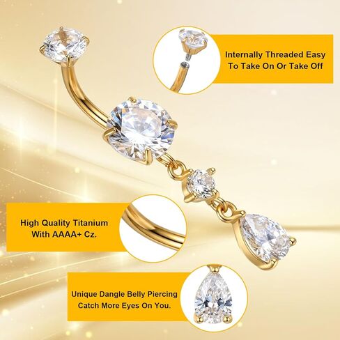 2 قطعة 14 جرام من الفولاذ الجراحي المتدلي على شكل زر للبطن للنساء من الفولاذ المقاوم للصدأ CZ كريستال المسيل للدموع قطرة متدلية على شكل زر للبطن (ذهبي) in Kuwait