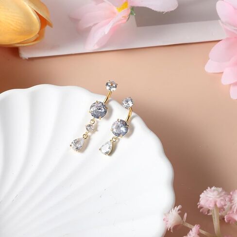 2 قطعة 14 جرام من الفولاذ الجراحي المتدلي على شكل زر للبطن للنساء من الفولاذ المقاوم للصدأ CZ كريستال المسيل للدموع قطرة متدلية على شكل زر للبطن (ذهبي) in Kuwait