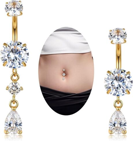 2 قطعة 14 جرام من الفولاذ الجراحي المتدلي على شكل زر للبطن للنساء من الفولاذ المقاوم للصدأ CZ كريستال المسيل للدموع قطرة متدلية على شكل زر للبطن (ذهبي) in Kuwait