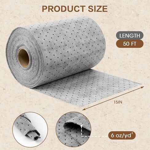 لفة وسادات ماصة للزيت، حصيرة ماصة للزيت مقاس 15 بوصة × 50 بوصة شديدة التحمل لتسربات وقطرات المرآب الصناعية، ماص تنظيف انسكابات البولي بروبيلين 6 أونصة in Kuwait