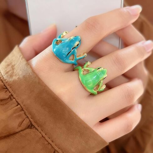 2 Pcs Adjustable Tree Frog Ring for Women - Cute and Creative Open Frog Shape, Delicate Green Fashion Jewelry for Funny Gift in Saudi Arabia