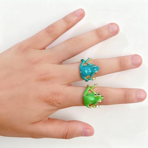 2 Pcs Adjustable Tree Frog Ring for Women - Cute and Creative Open Frog Shape, Delicate Green Fashion Jewelry for Funny Gift in Saudi Arabia