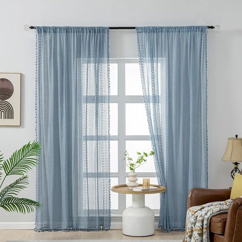 Light Blue Sheer Curtains 84 Inches Long 2 Panels Sheer Lace Pale Blue Curtains for Bedroom Living Room Rod Pocket Tassel Cotton Boho Crochet Curtains Light Filtering Privacy Drapes,Stone Blue in Kuwait