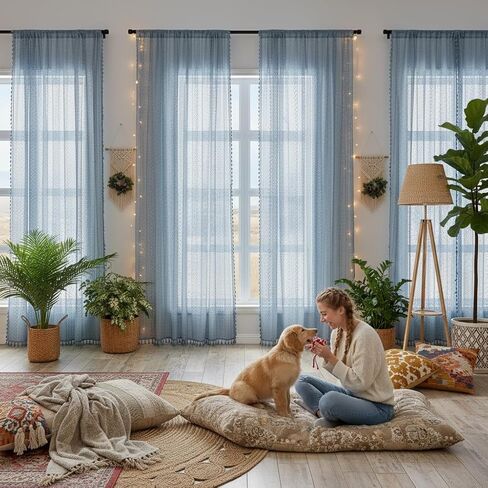 Light Blue Sheer Curtains 84 Inches Long 2 Panels Sheer Lace Pale Blue Curtains for Bedroom Living Room Rod Pocket Tassel Cotton Boho Crochet Curtains Light Filtering Privacy Drapes,Stone Blue in Kuwait