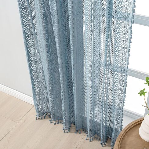 Light Blue Sheer Curtains 84 Inches Long 2 Panels Sheer Lace Pale Blue Curtains for Bedroom Living Room Rod Pocket Tassel Cotton Boho Crochet Curtains Light Filtering Privacy Drapes,Stone Blue in Kuwait