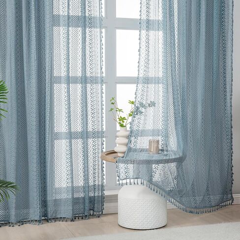 Light Blue Sheer Curtains 84 Inches Long 2 Panels Sheer Lace Pale Blue Curtains for Bedroom Living Room Rod Pocket Tassel Cotton Boho Crochet Curtains Light Filtering Privacy Drapes,Stone Blue in Kuwait