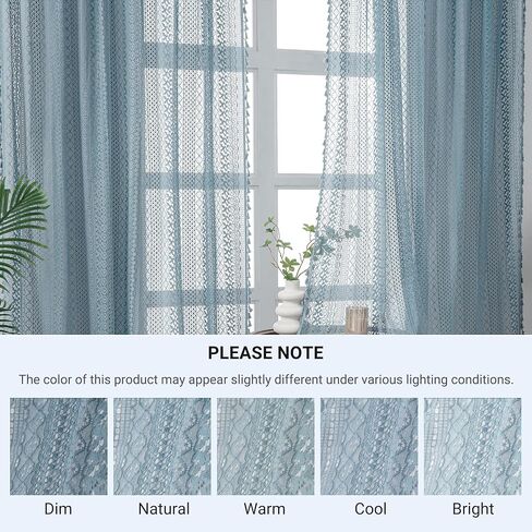 Light Blue Sheer Curtains 84 Inches Long 2 Panels Sheer Lace Pale Blue Curtains for Bedroom Living Room Rod Pocket Tassel Cotton Boho Crochet Curtains Light Filtering Privacy Drapes,Stone Blue in Kuwait