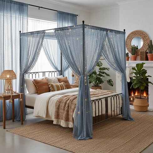 Light Blue Sheer Curtains 84 Inches Long 2 Panels Sheer Lace Pale Blue Curtains for Bedroom Living Room Rod Pocket Tassel Cotton Boho Crochet Curtains Light Filtering Privacy Drapes,Stone Blue in Kuwait