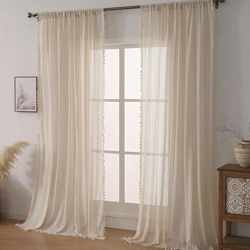 Vintage Sheer Curtains 90 inches Long - Privacy Non See Through Lace Crochet Curtain with Tassel Trim, Rod Pocket Window Treatments for Living Room,Bedroom (Set of 2 Panels,W59 xL90) in Kuwait