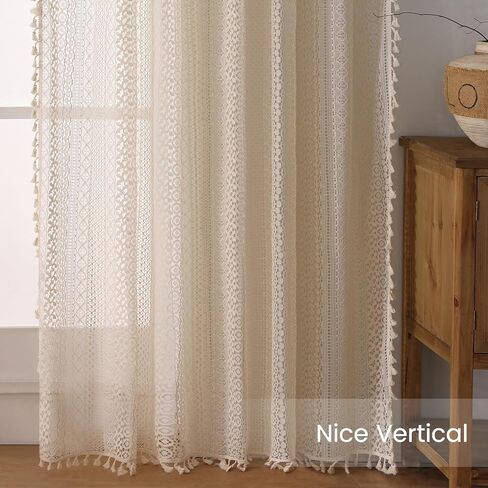 Vintage Sheer Curtains 90 inches Long - Privacy Non See Through Lace Crochet Curtain with Tassel Trim, Rod Pocket Window Treatments for Living Room,Bedroom (Set of 2 Panels,W59 xL90) in Kuwait