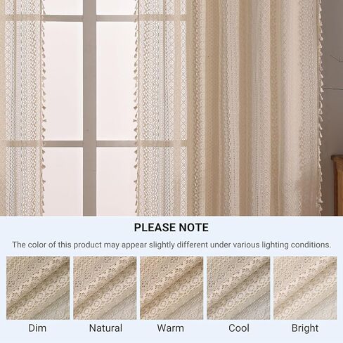 Vintage Sheer Curtains 90 inches Long - Privacy Non See Through Lace Crochet Curtain with Tassel Trim, Rod Pocket Window Treatments for Living Room,Bedroom (Set of 2 Panels,W59 xL90) in Kuwait