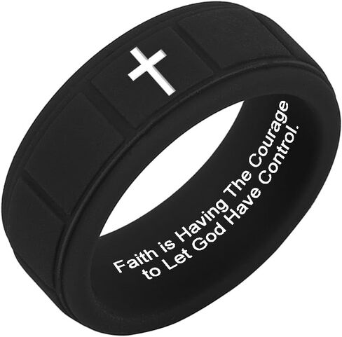 Christian Cross Silicone Rings 8mm Square Pattern Silicone Ring Engagement Rubber Rings Bible Verse Quote Faith Inspirational Men Women Religious Jewelry,Size8-13 in Saudi Arabia