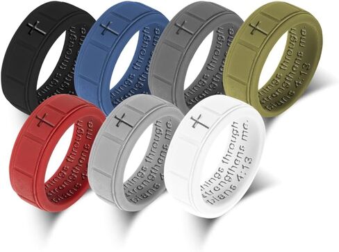 Christian Cross Silicone Rings 8mm Square Pattern Silicone Ring Engagement Rubber Rings Bible Verse Quote Faith Inspirational Men Women Religious Jewelry,Size8-13 in Saudi Arabia