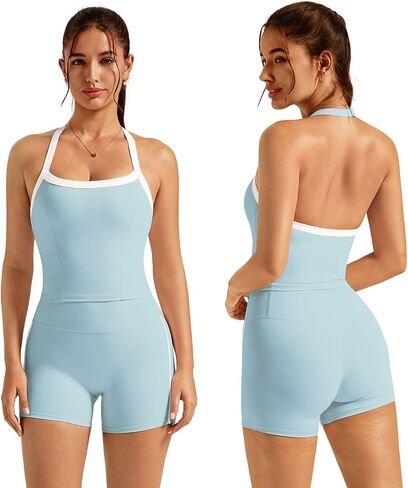 Womens workout sets 2 piece Halter Sports Bra and high waist Shorts Color Contrasting lines yoga matching set in Kuwait