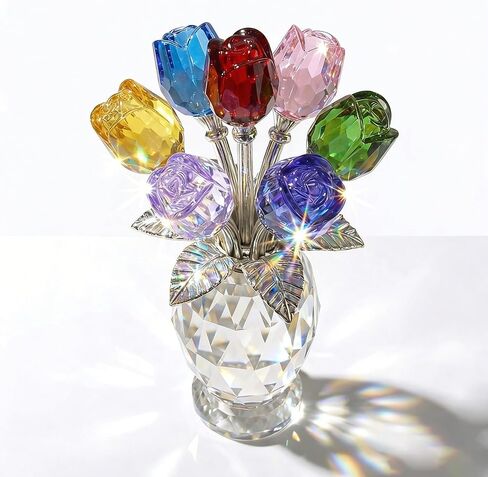 Elegant Crystal Rose Figurine with Gift Box – 7 Colorful K9 Glass Roses Floral Sculpture, Handmade Everlasting Flower Decor, Romantic Gift for Valentine’s Day, Mother’s Day, Wedding, Anniversary in Saudi Arabia