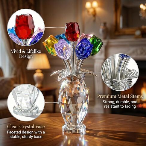Elegant Crystal Rose Figurine with Gift Box – 7 Colorful K9 Glass Roses Floral Sculpture, Handmade Everlasting Flower Decor, Romantic Gift for Valentine’s Day, Mother’s Day, Wedding, Anniversary in Saudi Arabia
