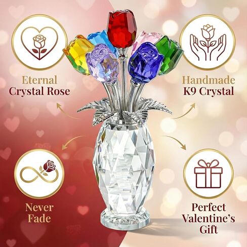 Elegant Crystal Rose Figurine with Gift Box – 7 Colorful K9 Glass Roses Floral Sculpture, Handmade Everlasting Flower Decor, Romantic Gift for Valentine’s Day, Mother’s Day, Wedding, Anniversary in Saudi Arabia