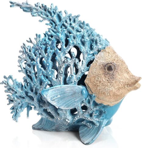 Fish Coastal Decor, Resin Coral Reef Angelfish Sculpture, 10.4x9.4 in Blue Ocean Themed Centerpiece, Nautical Beach Figurine Gift, Modern Aquarium Sea Art Decor for Home Office Coffee Table in Saudi Arabia